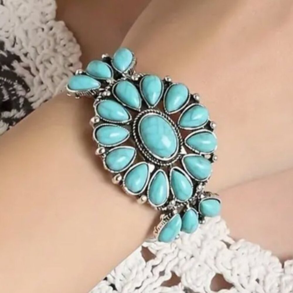 Imitation Turquoise Bracelet Cuff Silver Tone Southwest Style